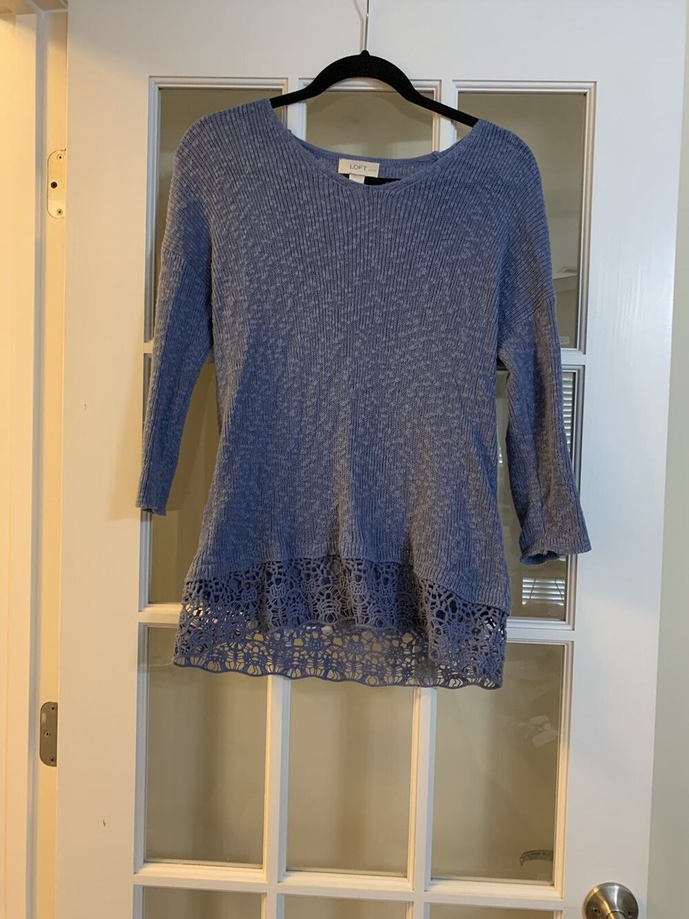 LOFT petites blue long sleeve knit sweater lace bottom cotton sweater womens PM